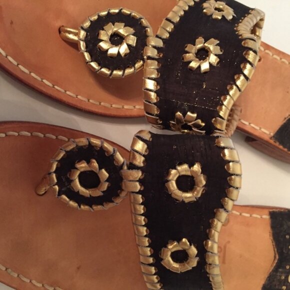 JACK ROGERS SHOES SANDALS FLATS THONGS BLACK GOLD WHIPSTITCH LEATHER - Picture 2 of 7